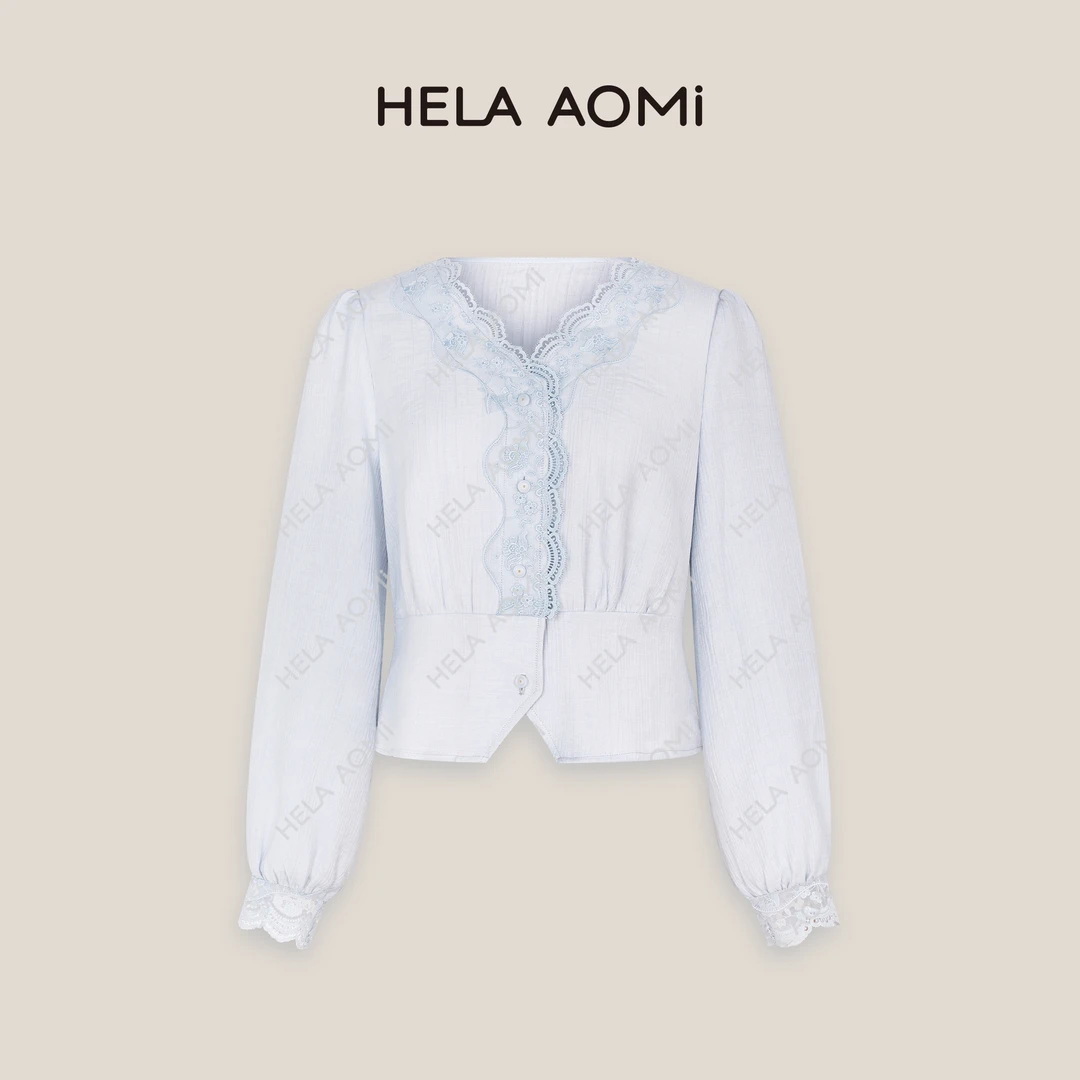 HELAAOMI“收腰蓝衬衫”蕾丝拼接单排扣高级感长袖衬衣CY5AM11507
