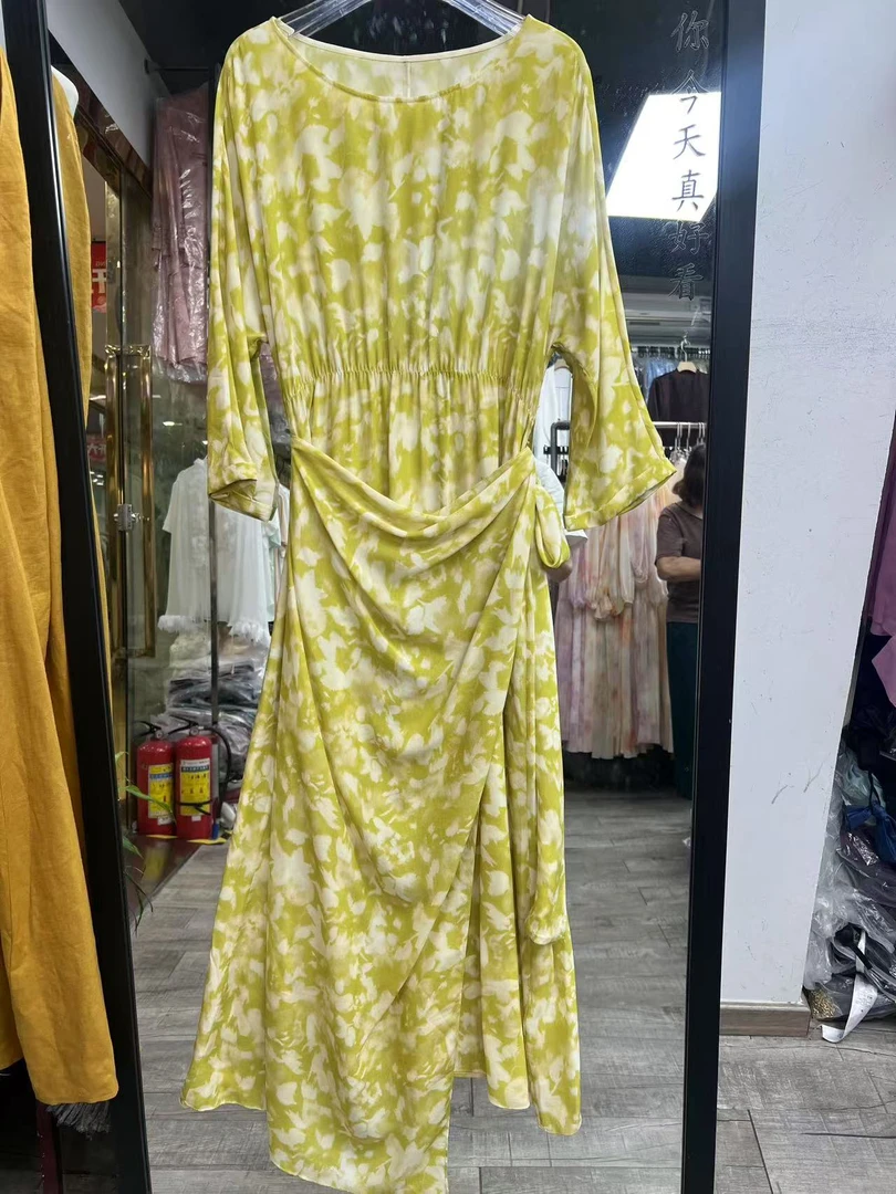 深圳南油爆款花色夏季100%重磅桑蚕丝三色收腰绑带连衣裙