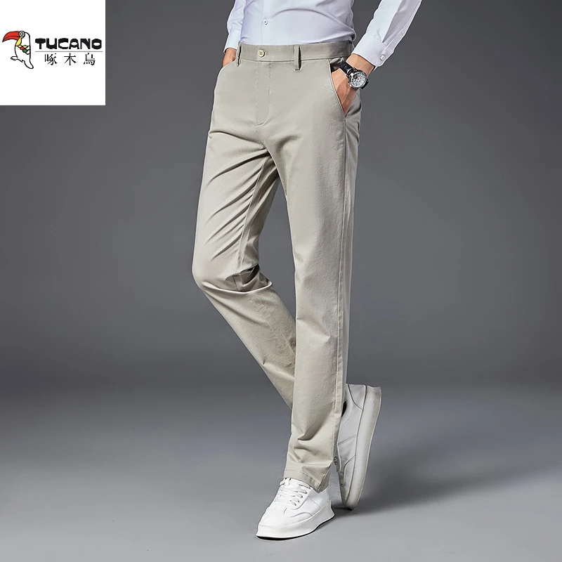 啄木鸟春夏新款休闲裤男士直筒弹力修身西裤宽松商务正装纯棉长裤