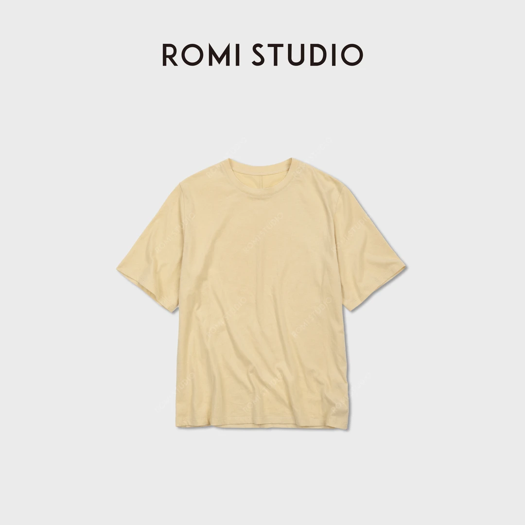 ROMI STUDIO“天然全棉”百搭亲肤浅奶黄落肩五分短袖T恤RWDSS61950