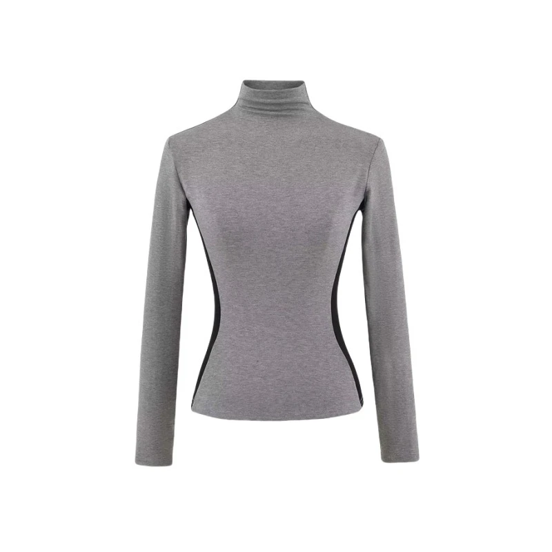 【悦己】磨毛沙漏腰修身打底衫女设计感拼色高腰长袖T恤上衣纯色