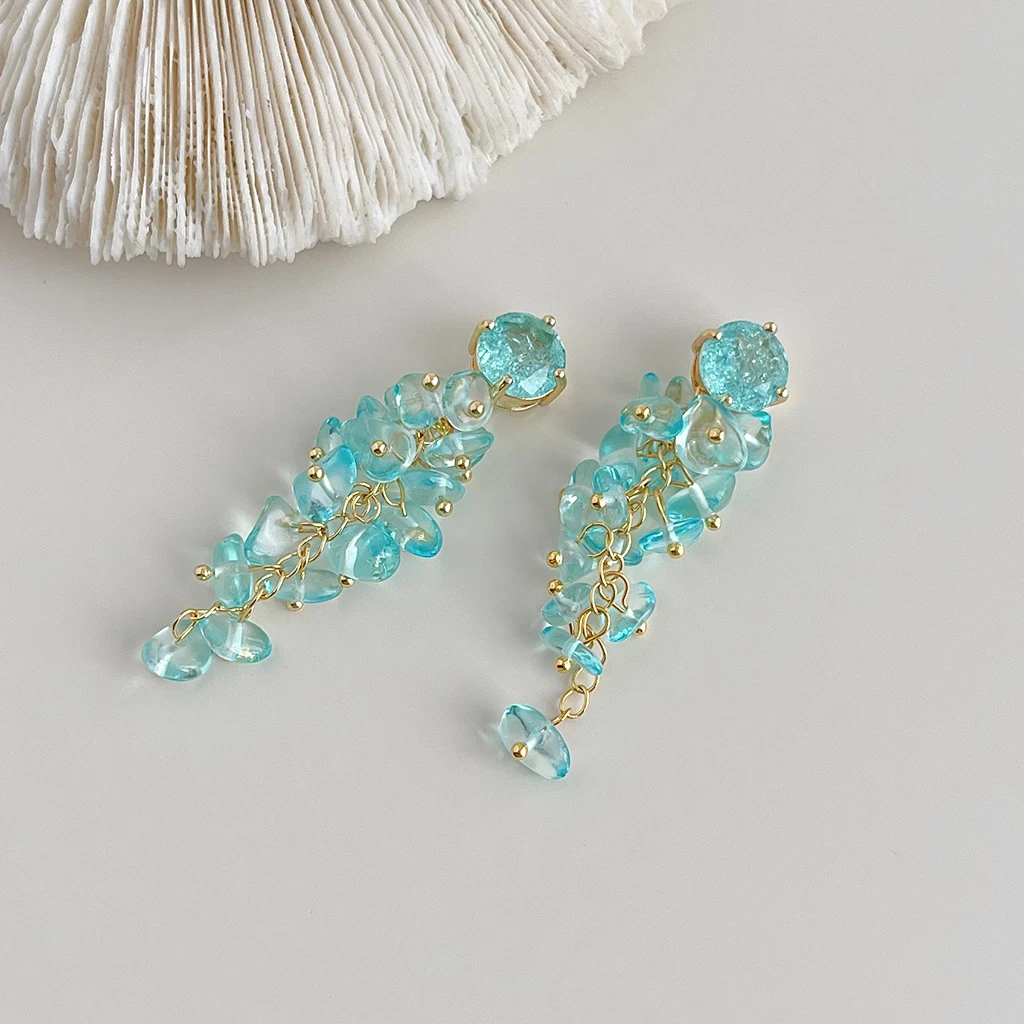 铜合金仿水晶耳饰 蓝色串珠长款流苏耳环优雅甜美重工耳饰A6004