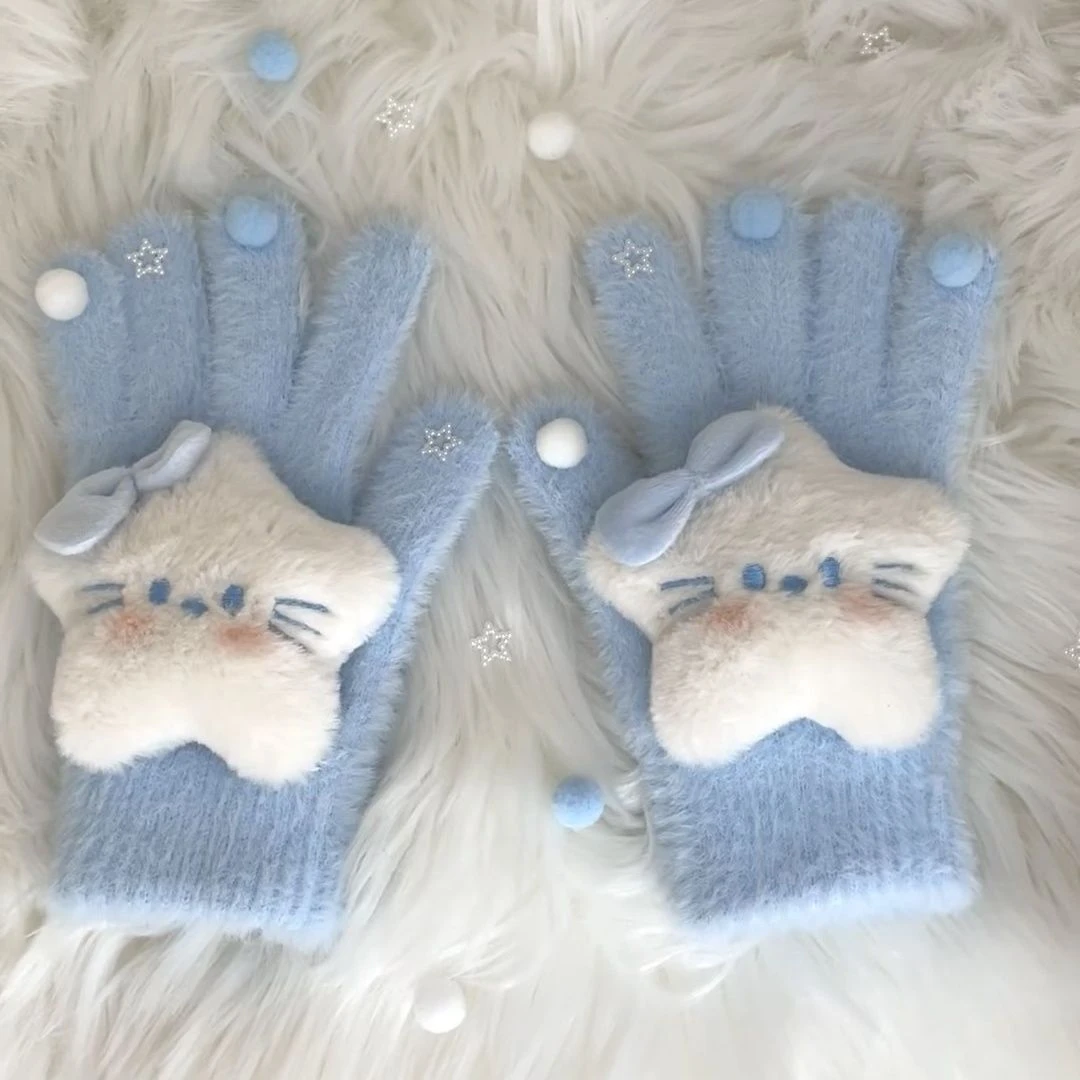 新款蓝色系蝴蝶结星星k手套女冬季保暖甜美可爱卡通学生骑行仿寒