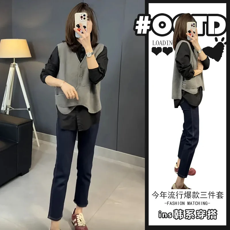 韩系搭配一整套秋装韩系百搭长袖休闲衬衫马甲女直筒牛仔裤三件套