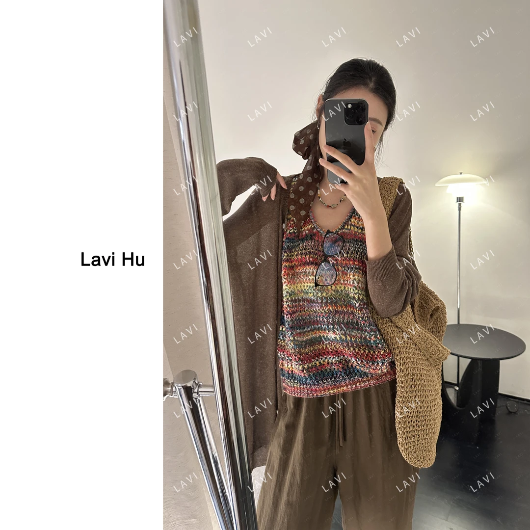 七色彩虹 100棉 百搭针织镂空波西米亚风背心72603