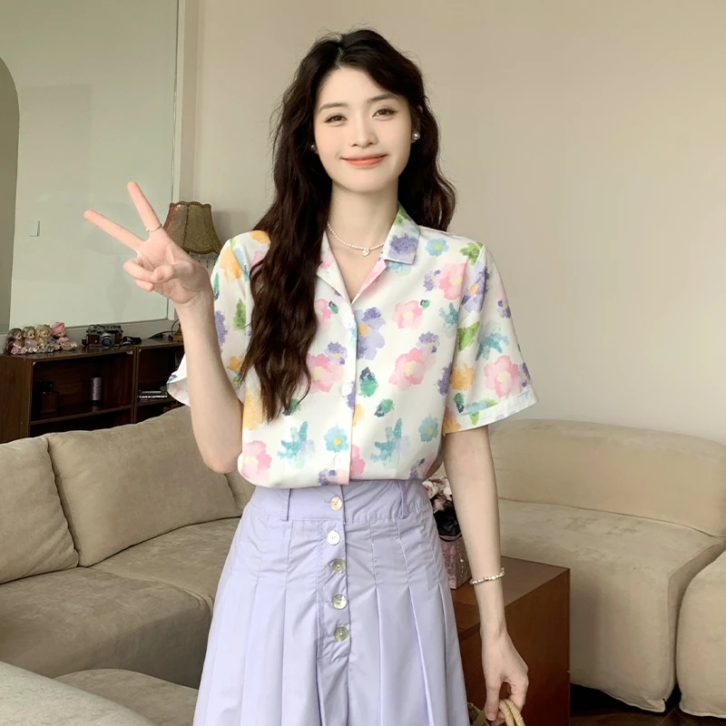 慕兔法式复古油画短袖花衬衫女2024夏季新款设计感小众宽松上衣潮