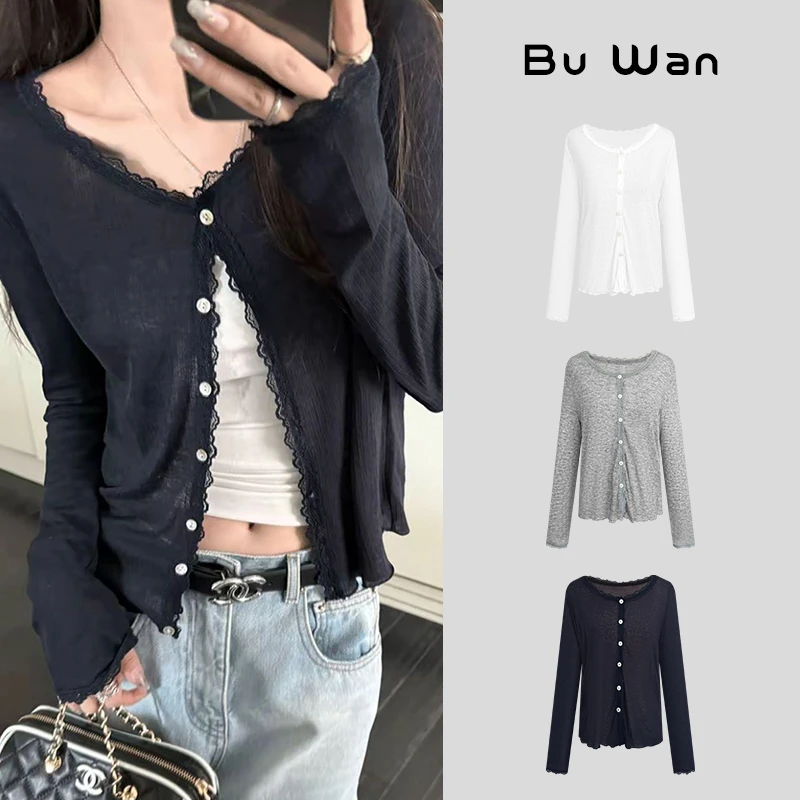 2025年新款蕾丝拼接花边软糯防晒针织开衫轻薄外套上衣B3687