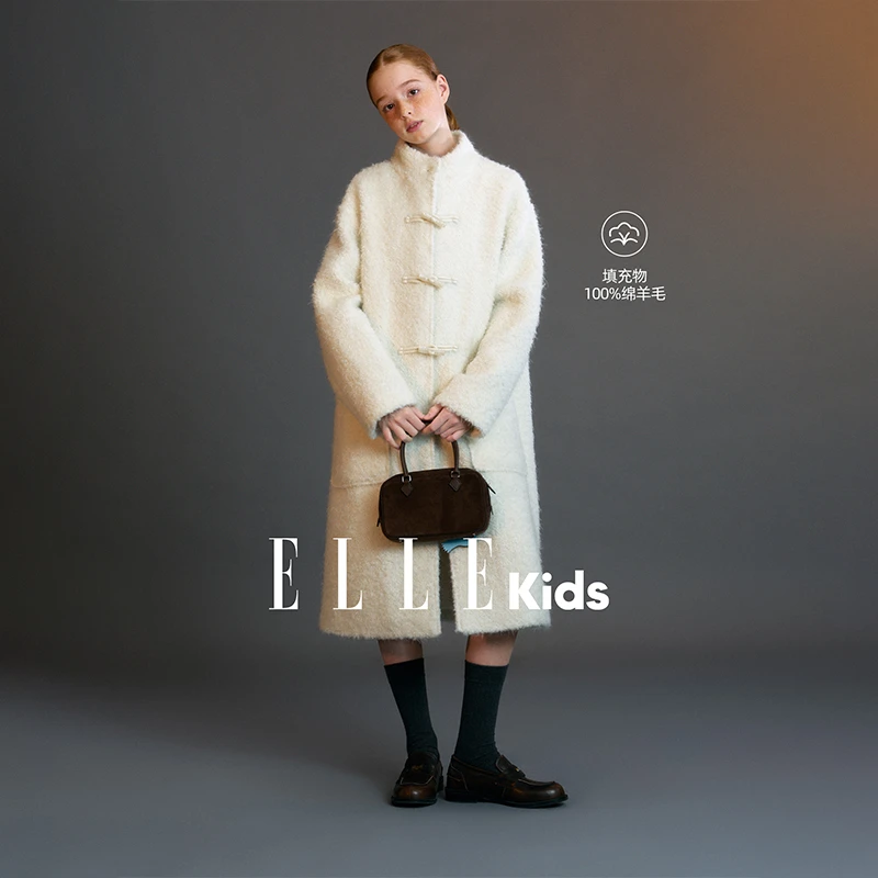 ELLE KIDS童装 可卸兜帽毛呢大衣冬季新款高智千金牛角扣外套D4