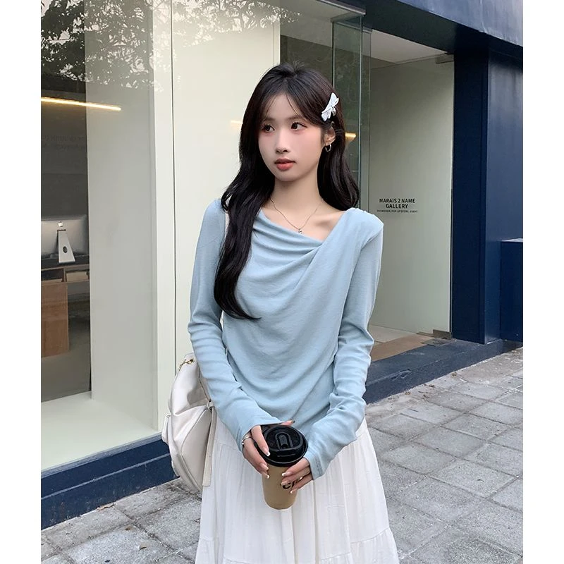 韩系辣妹心机不规则斜肩荡领长袖T恤内搭女2025秋上衣别致打底衫