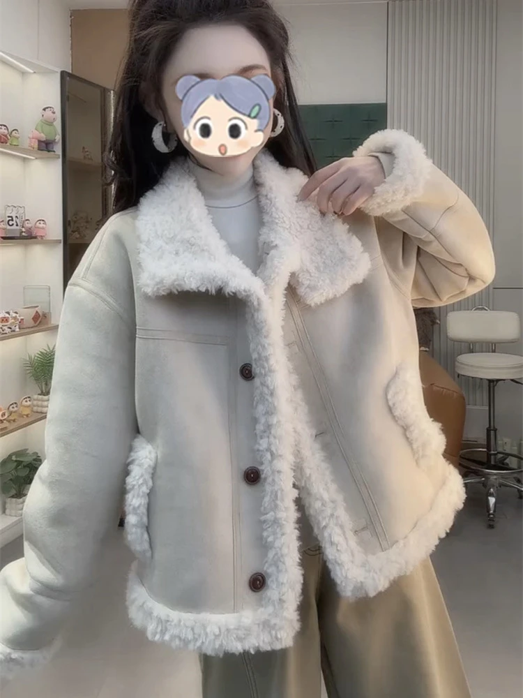 2025秋冬网红新款皮毛一体外套女韩系减龄高级感翻领拼接加厚上衣