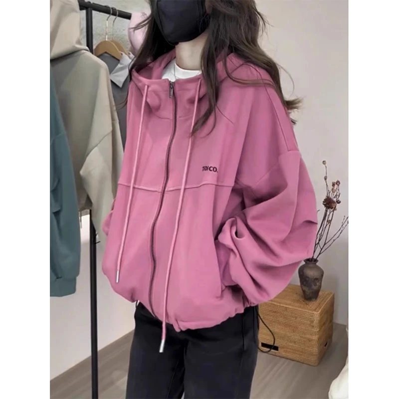 粉红色连帽卫衣女2025年春秋季新款高级感宽松休闲慵懒风开衫上衣