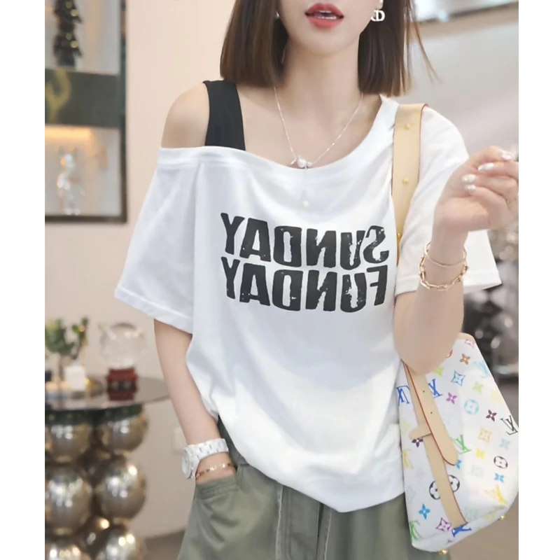 休闲百搭斜肩洋气短袖T恤女装夏季新款慵懒风百搭宽松显瘦上衣服Y