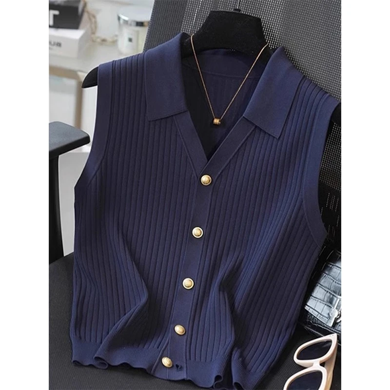 法式复古藏蓝色冰丝polo翻领无袖针织开衫短款上衣女夏季背心坎肩