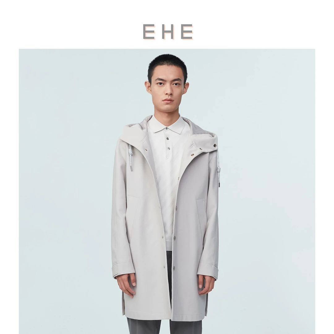 EHE男装春季新款鹭白色活性弹力面料连帽长款风衣外套66109231002