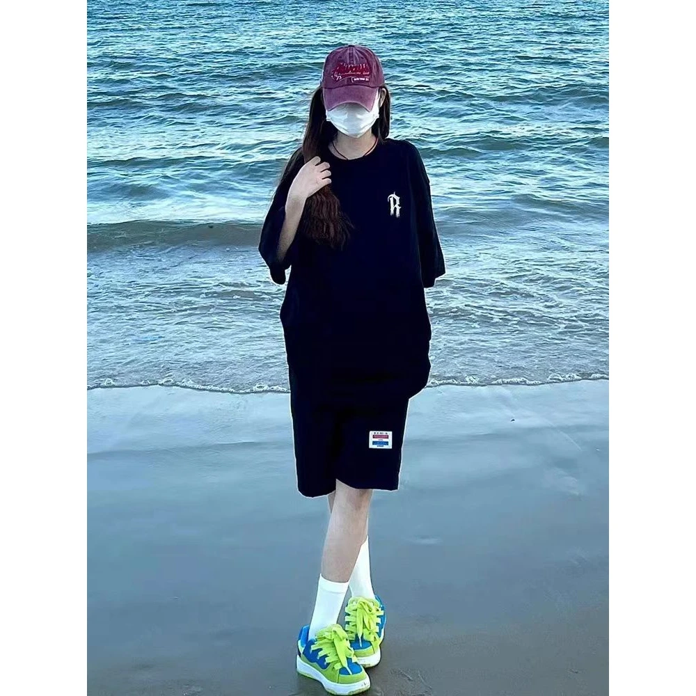 女夏装运动服套装宽松短袖T恤棉质短裤休闲跑步两件套潮美式旅游