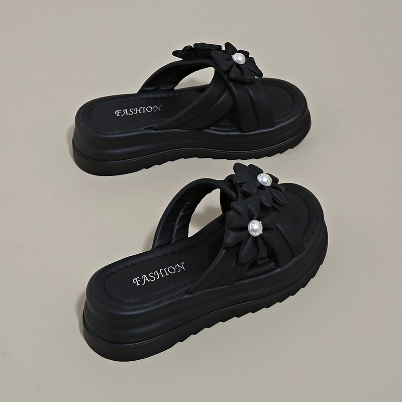 时尚凉拖鞋女夏外穿2025新款厚底休闲沙滩凉鞋配裙子珍珠花朵凉拖