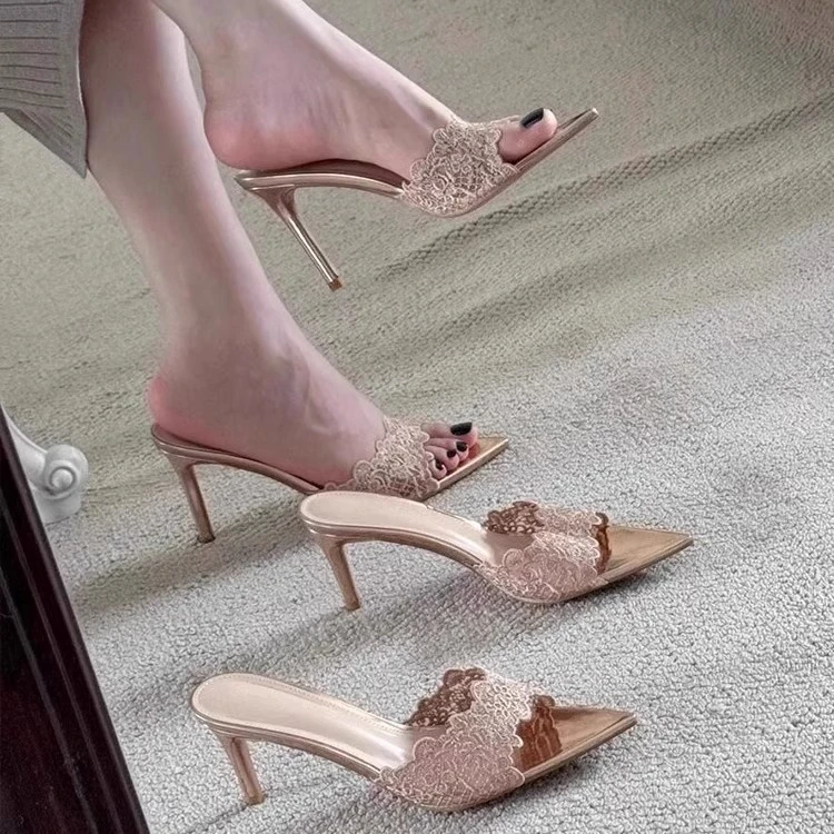远森法式香槟色蕾丝高跟拖鞋女百搭细跟名媛小众尖头一字拖凉鞋夏