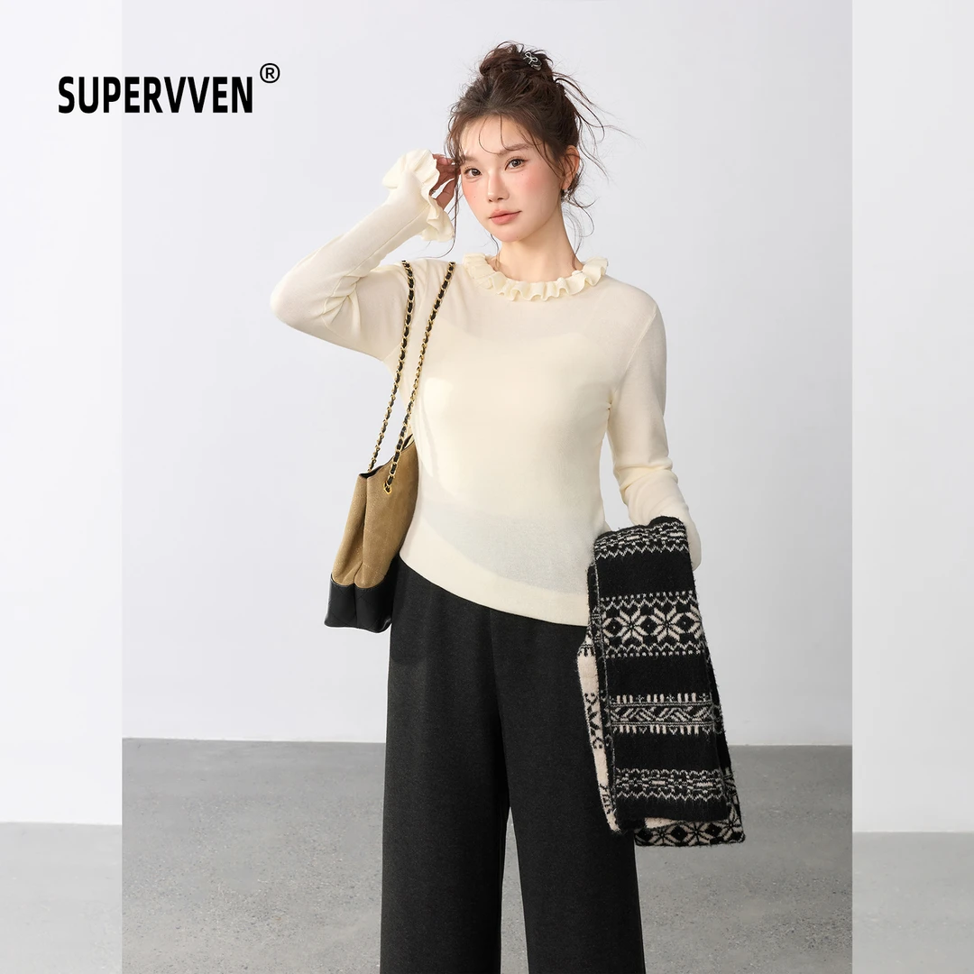 超级文 笼巧装金芭蕾风木耳边叠穿修身羊毛针织打底衫女微胖大码