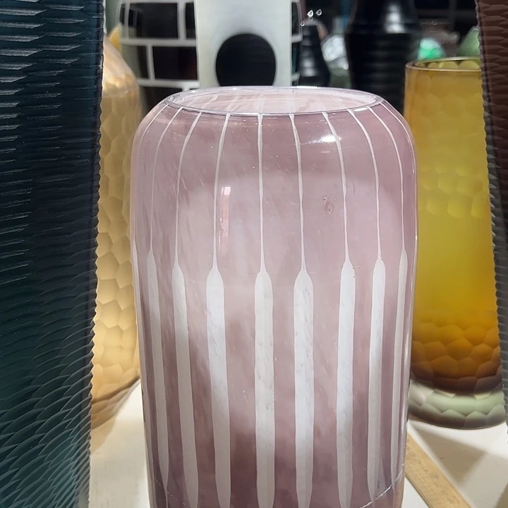 琉璃手工艺品粉色磨刻花瓶花器高31口12