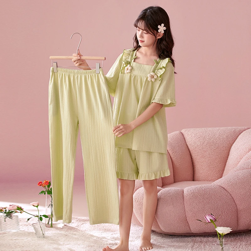 儿童睡衣纯棉女孩2025新款夏季薄款短袖女童公主夏天三件套初中生