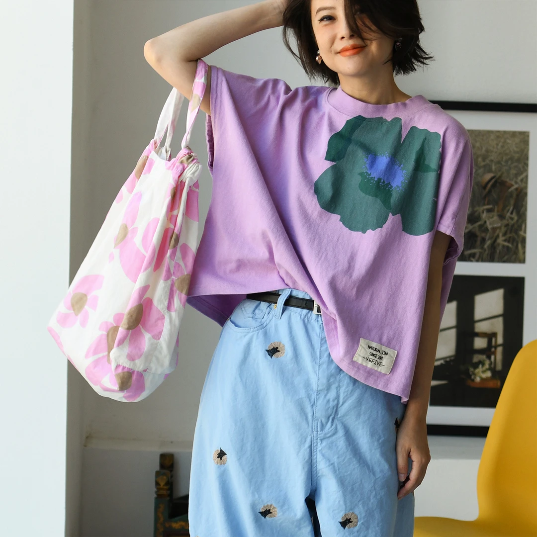 换季特●T07600 文艺纯棉撞色太阳花圆领宽松短款短袖T恤女夏