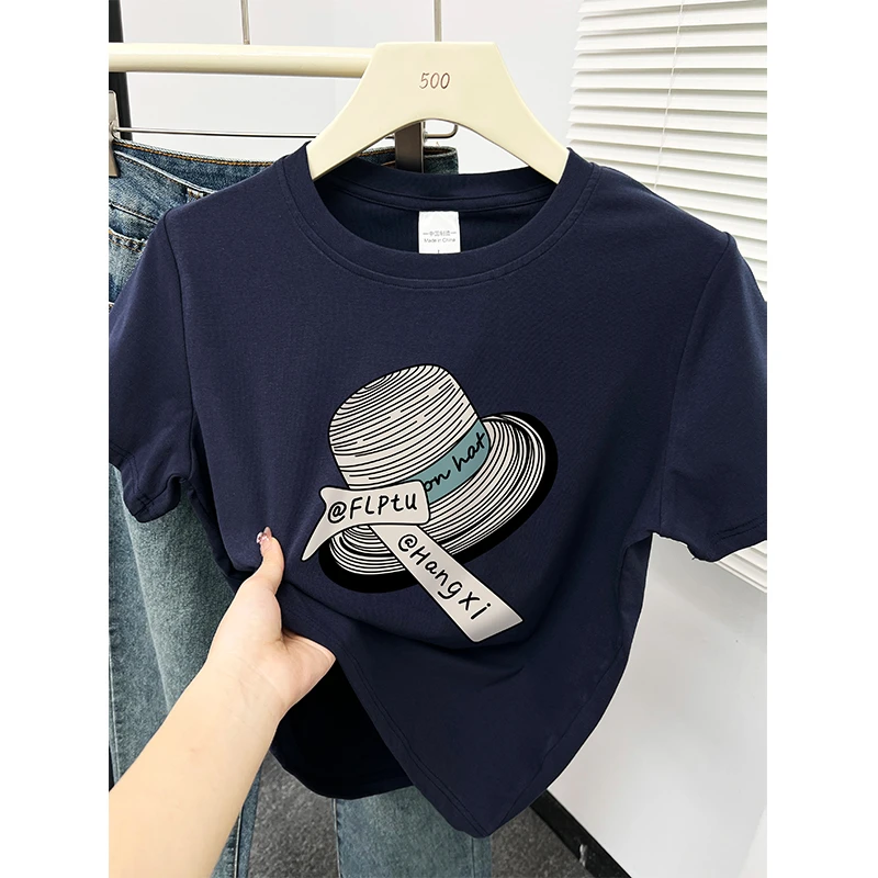 藏蓝色正肩t恤女短袖夏季新款韩版时尚设计感小众帽子印花上衣潮