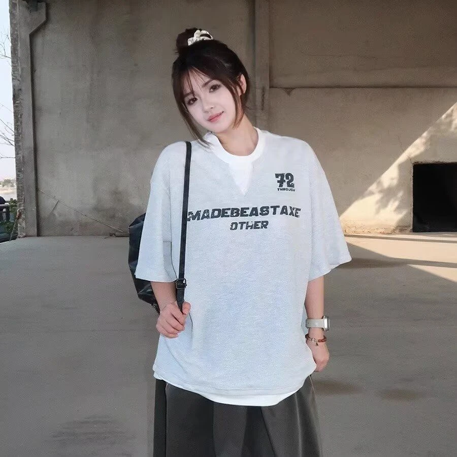 日系复古学院风撞色假两件V领短袖T恤男女设计感华夫格宽松半袖潮