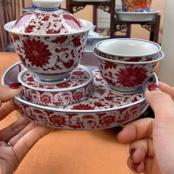 陶摆件釉里红缠枝莲五件套