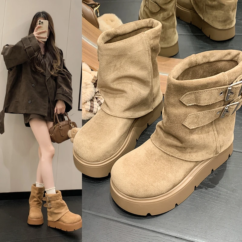 厚底增高英伦风马丁靴女2025新款秋冬季美拉德西部牛仔短靴裤管靴