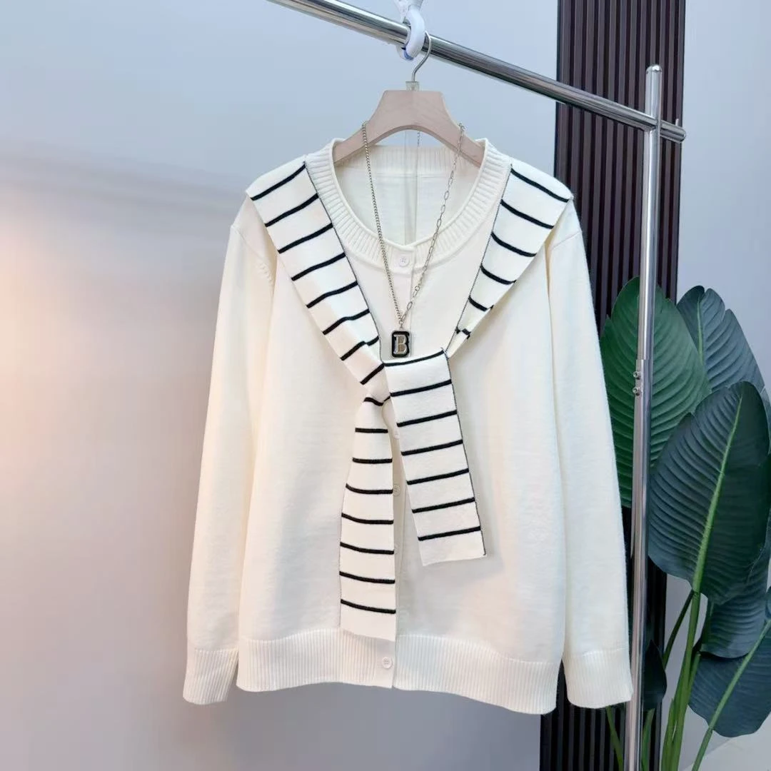 胖mm欧货时尚气质显瘦长袖早秋领巾9162条纹韩版减龄简约针织衫