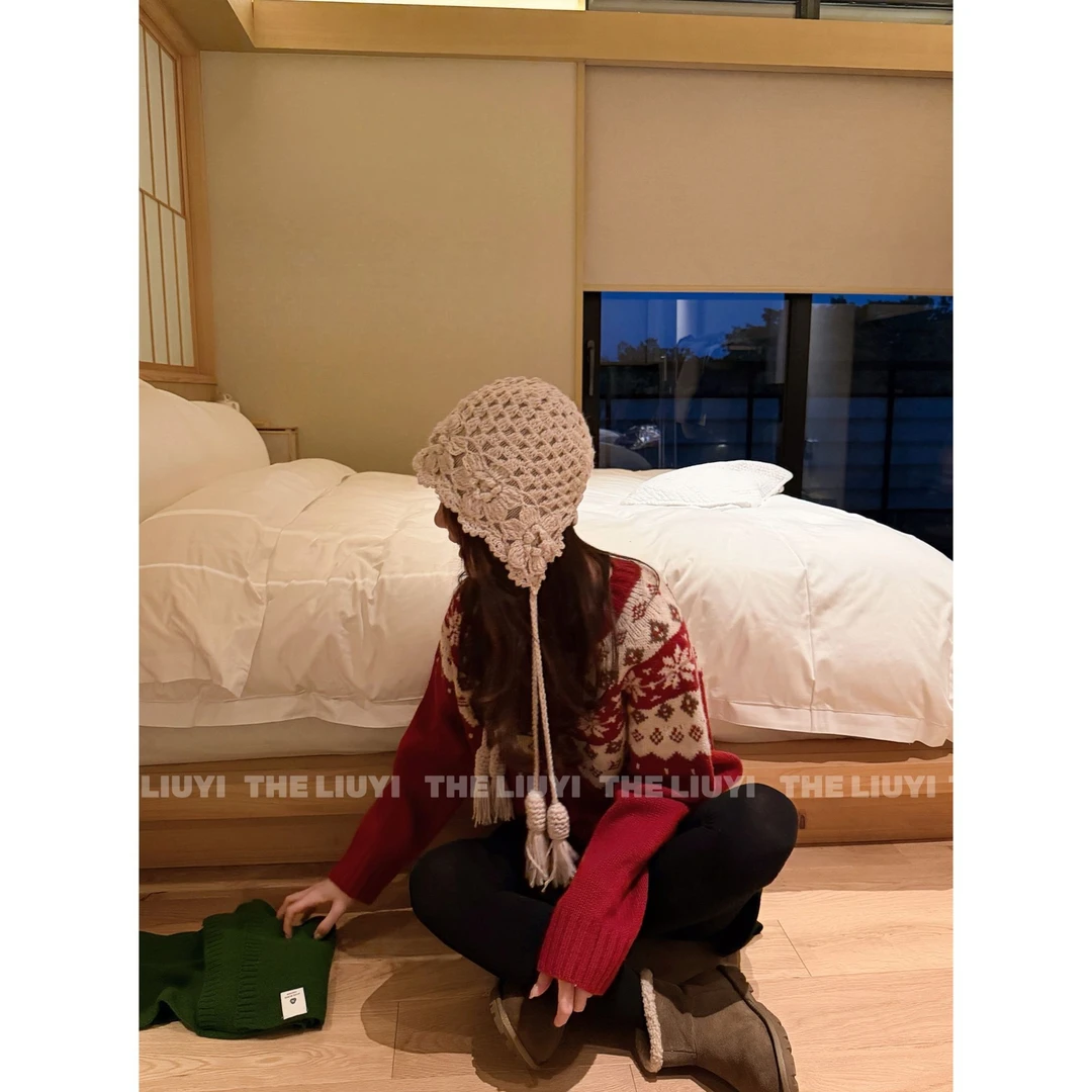 【LIUYI】花朵手工编织双层流苏毛线帽2876