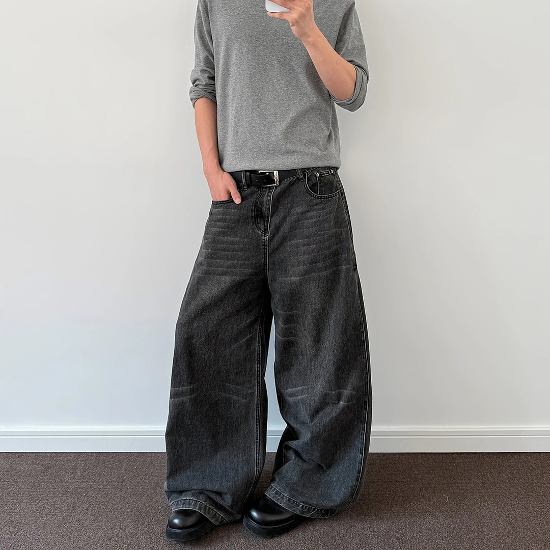 A PUEE美式复古猫须做旧廓形剪裁弯刀牛仔裤cleanfit宽松百搭裤子