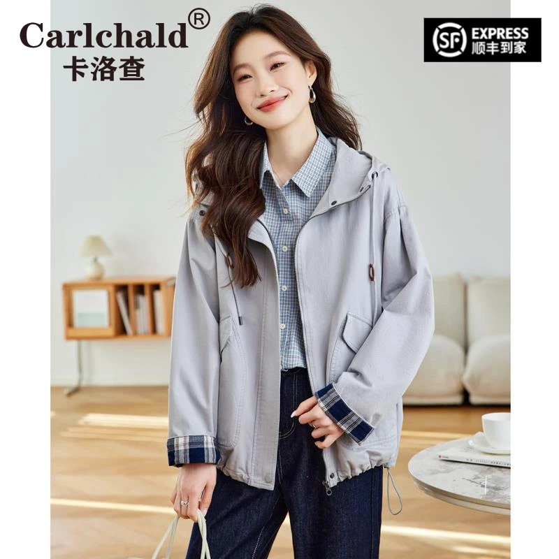 CARLCHALD卡洛查风衣女款2025新款短款小个子连帽气质韩版纯棉休