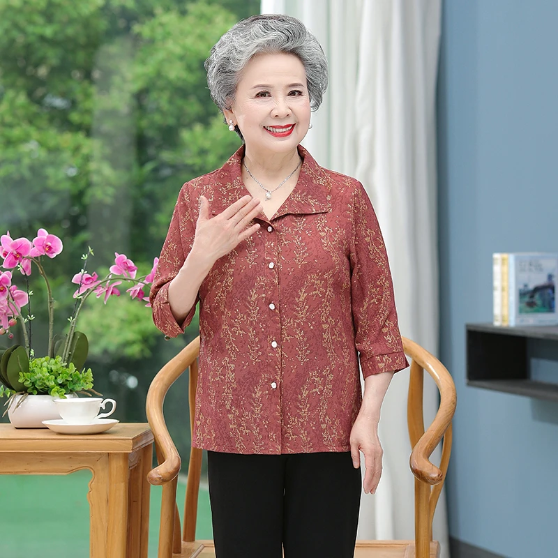 老人老太中国风奶奶装中老年妈妈装春秋老年人喜妈妈衬衫夏季红色