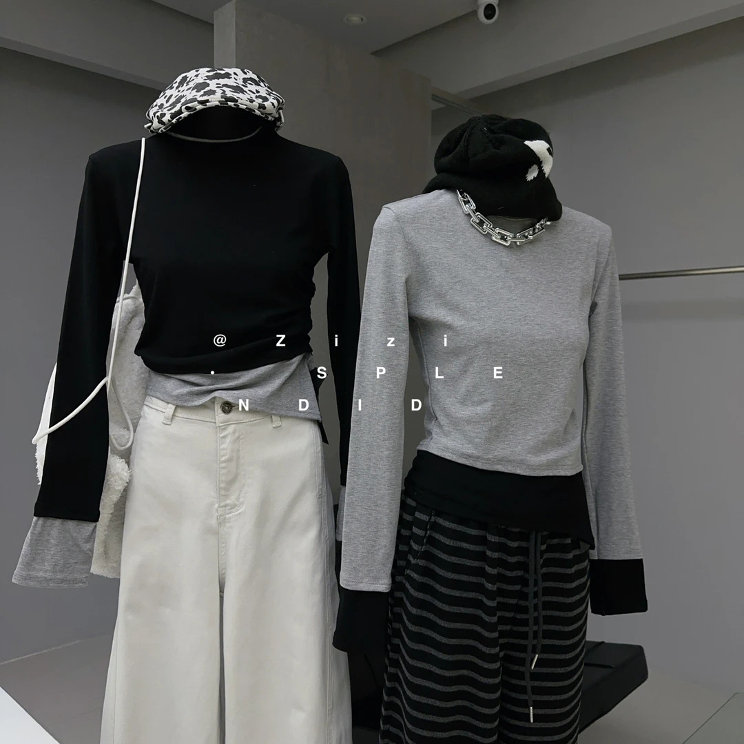 ZiZi 福秒（9Zi8088#) 假两件撞色显瘦打底T恤  9-216