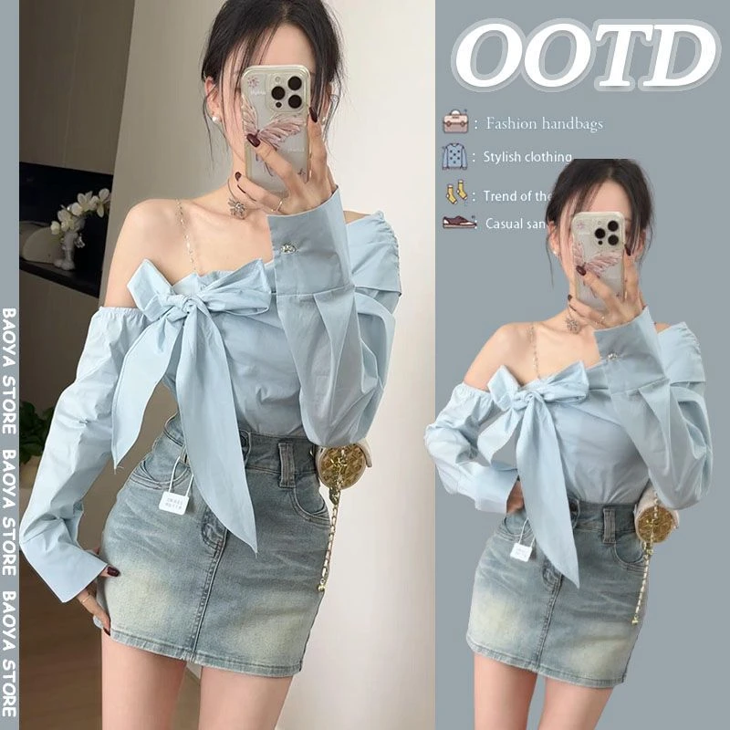 春季穿搭一整套2025新款韩系辣妹露肩绑带衬衫百搭牛仔短裙两件套
