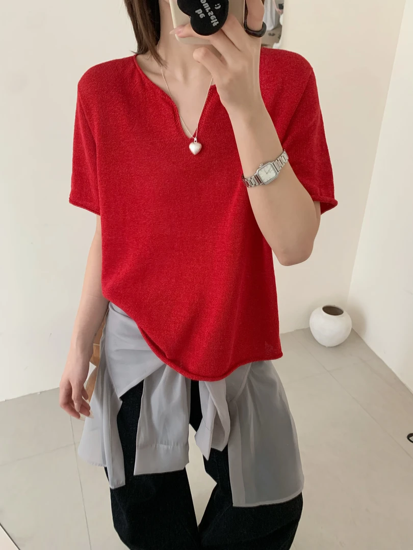 【DUODUO 979921】和纸纱V领针织T恤夏季新款女休闲显瘦慵懒针织衫