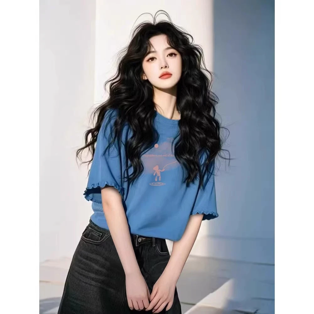 港式复古蓝色圆领短袖t恤女夏季设计感别致宽松外穿休闲打底衫潮