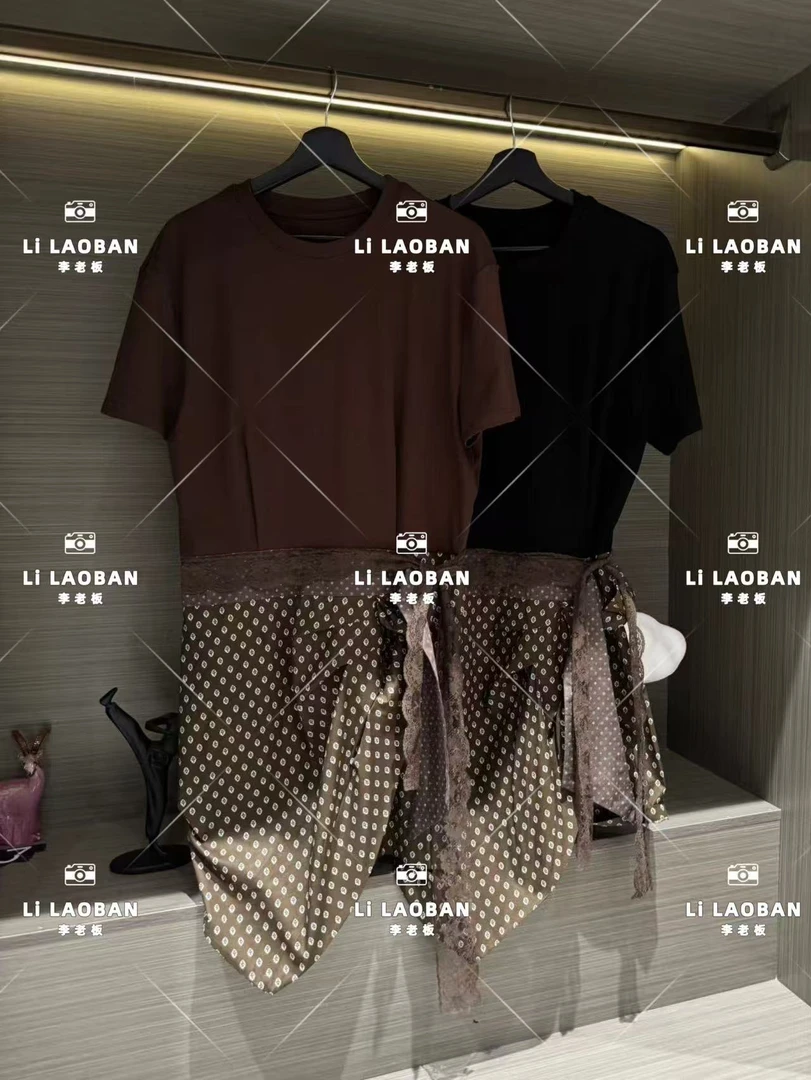 2025夏季小众设复古撞色几和拼蕾丝不规则下摆连衣裙（裙长90左右）