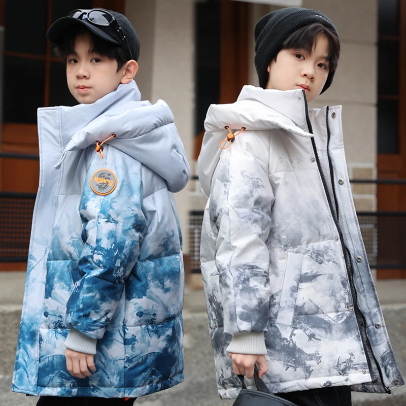 男童中长款羽绒服冬装儿童加厚小中大童连帽迷彩渐变色洋气外套潮