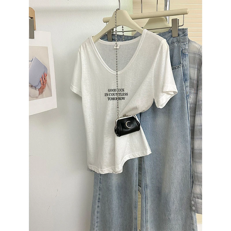 简约t恤女设计感小众夏季V领竹节棉短袖时尚休闲锁骨显瘦白色上衣