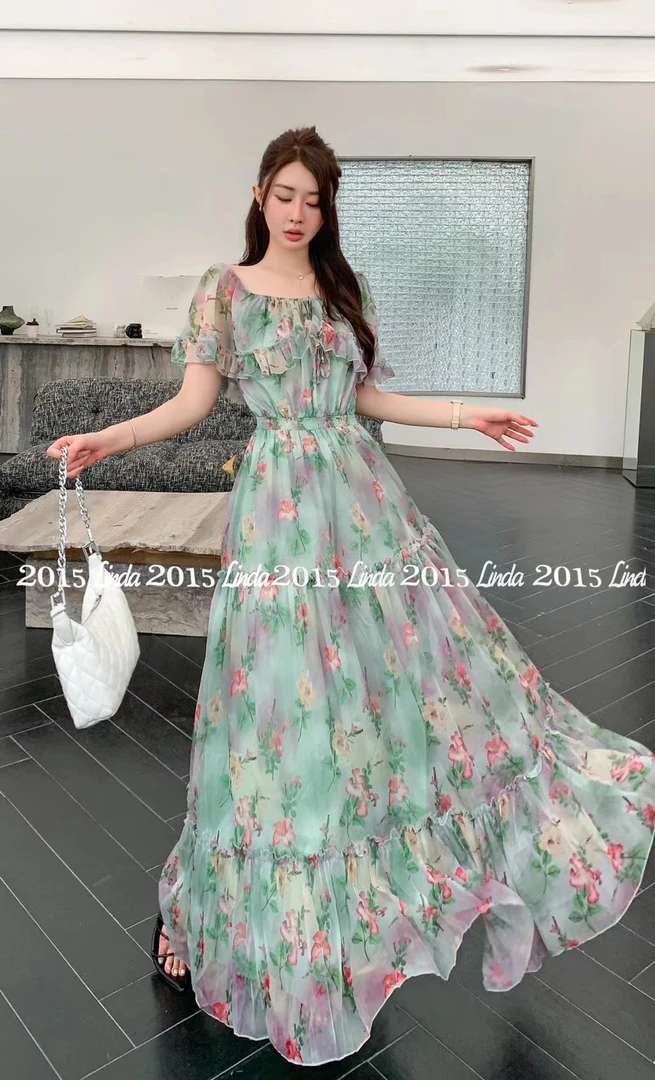 （香草可露丽）蝴蝶袖度假风法式优雅气质绝美荷叶边沙滩拍照大长裙