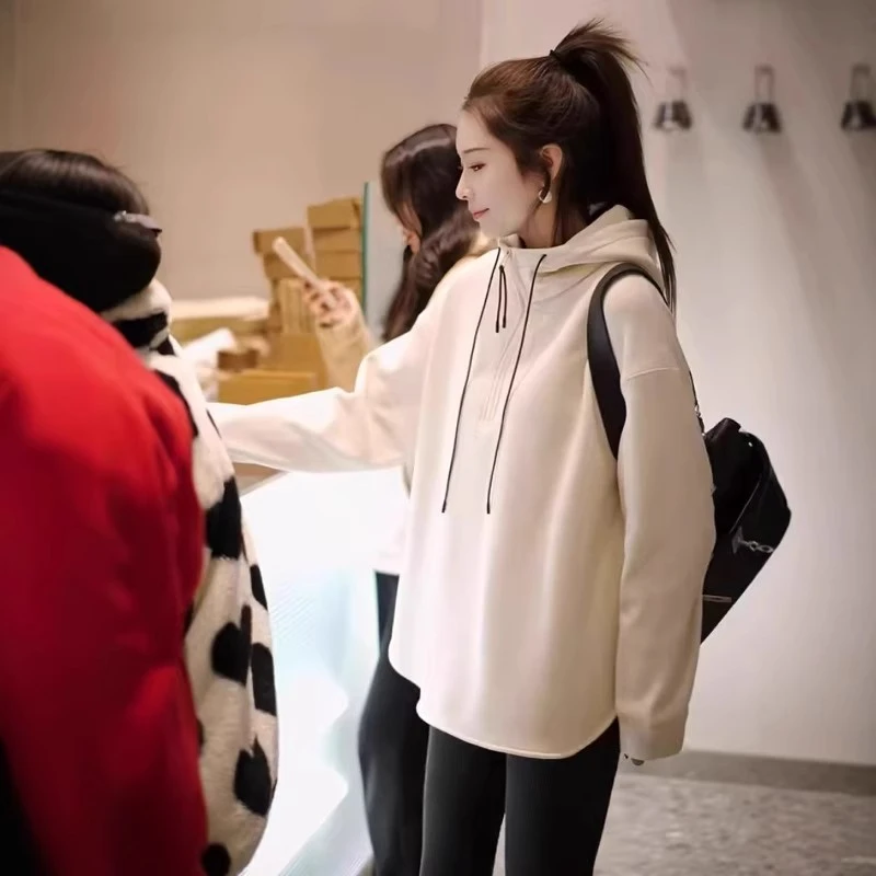 芯娇晴爆款小个子中长款连帽加绒加厚卫衣女2025春秋季休闲打底衫