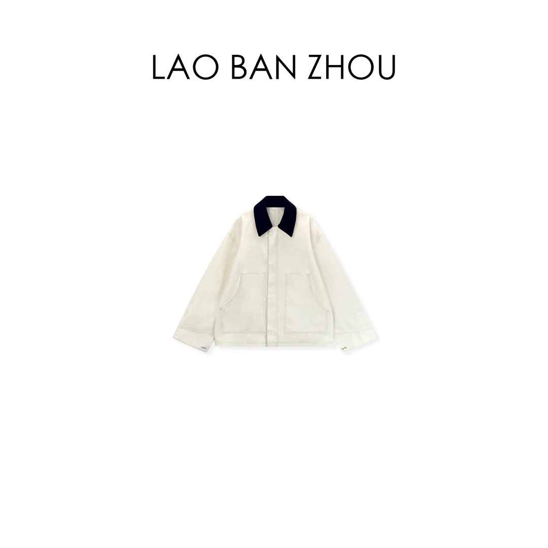 【老板周】日系复古 拼色翻领双口袋廓形百搭牛仔外套
