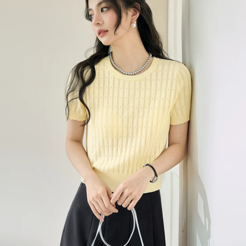 诗凡黎醋酸天丝镂空针织衫2025夏新款温柔慵懒圆领短袖7G4130631