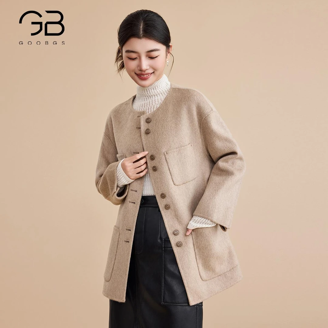 【谷邦L+】双面呢羊毛大衣女2024冬季新款圆领G3486322