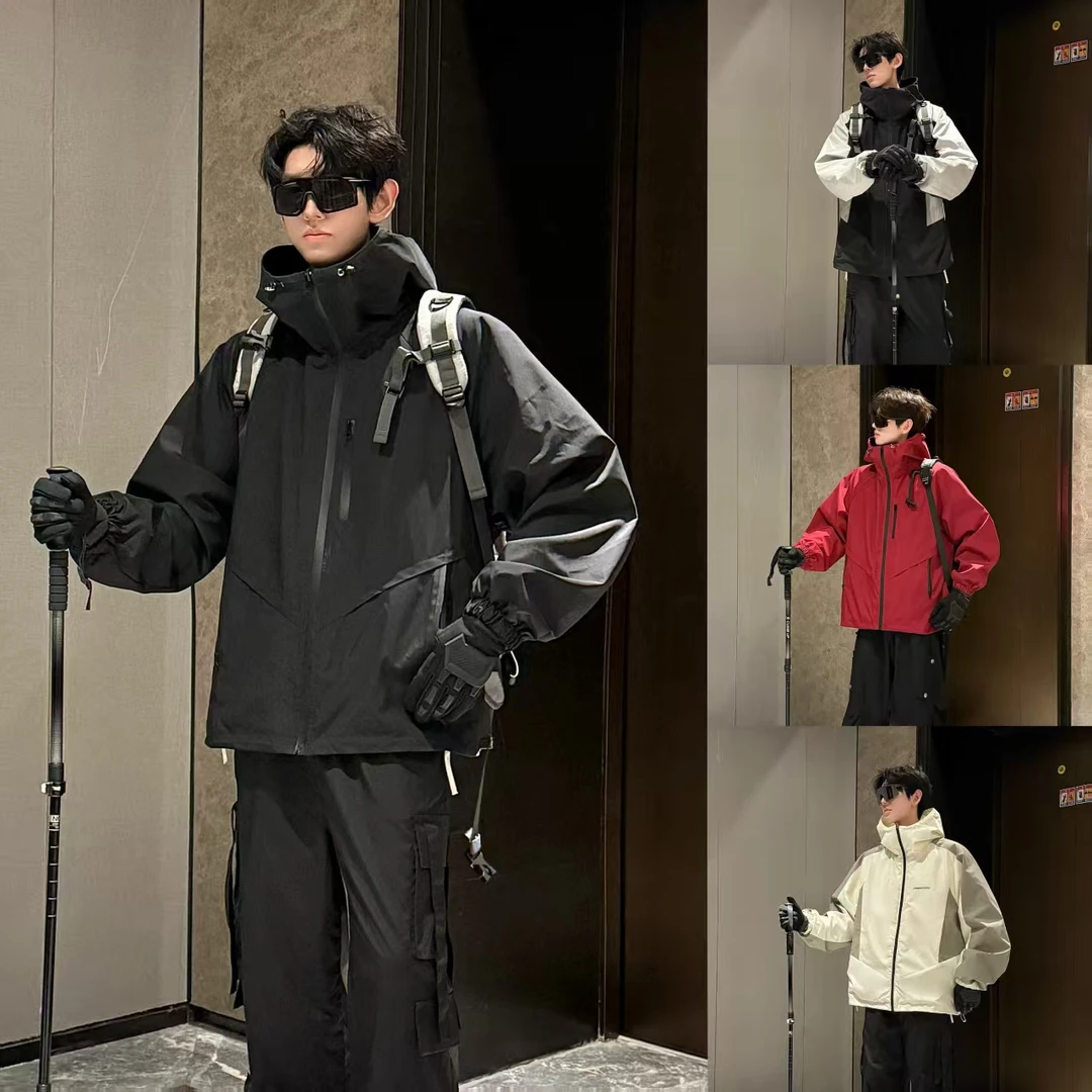HN潮牌-【现货双面穿】秋季新款连帽冲锋夹克户外防风宽松外套上衣