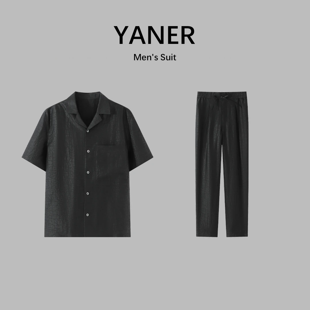 YANER/燕尔振鹭夏装套装 男士香云纱衬衫休闲裤套装