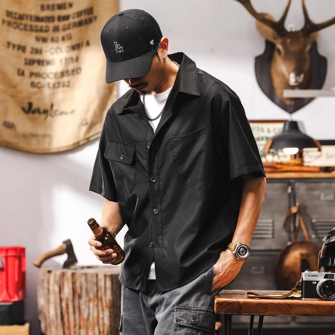 抗皱免烫垂感莫代尔短袖衬衫男夏季2025新款潮牌美式宽松男士衬衣