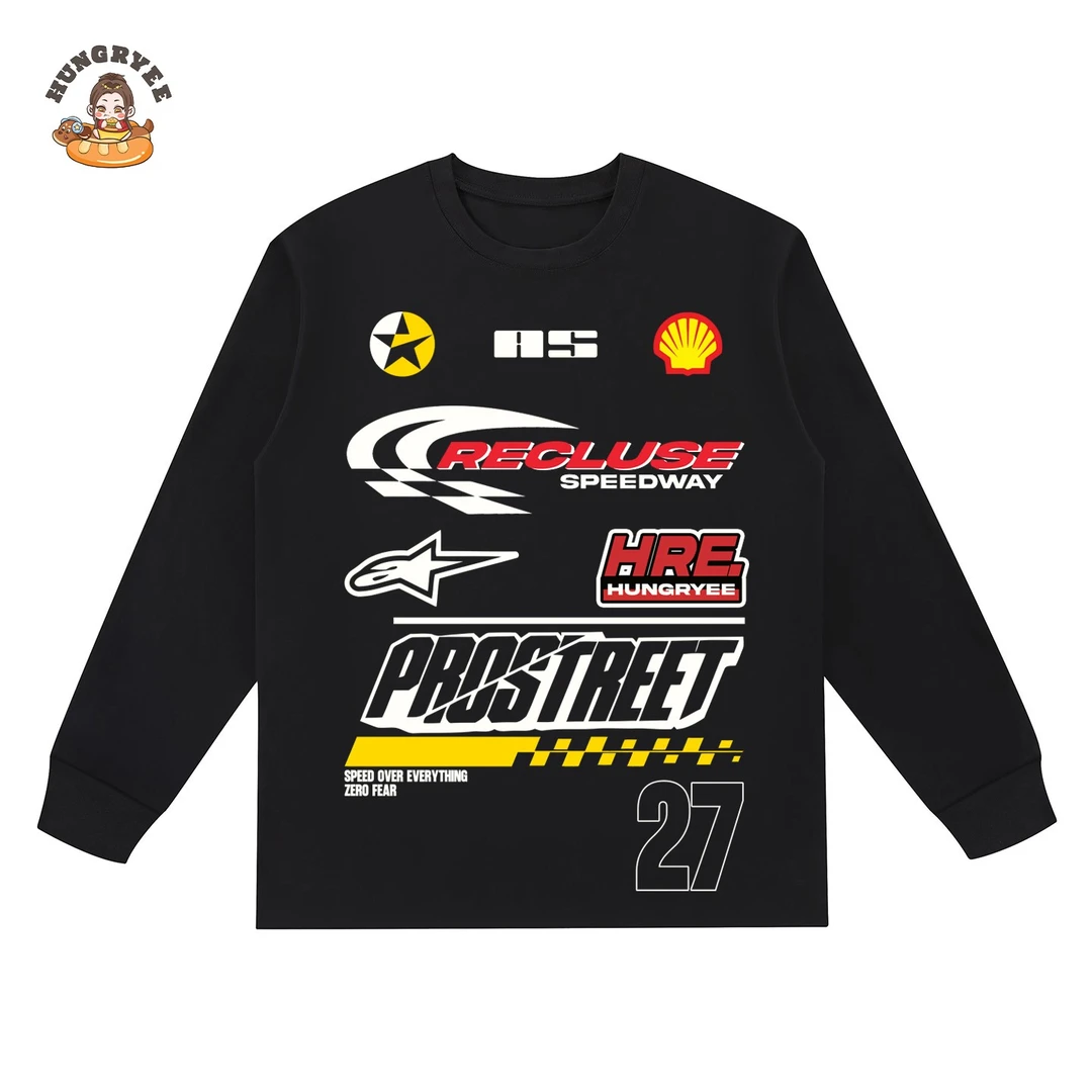 美式复古竞速风 PROSTREET 印花长袖T恤男女黑色圆领宽松街头上衣